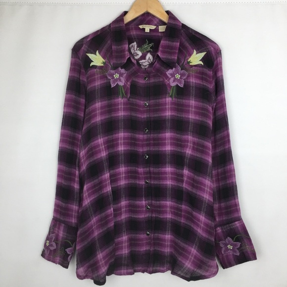 Stetson Plaid Button Down Shirt Floral Embroidered Western Cowgirl Women’s Sz XL - Picture 2 of 13